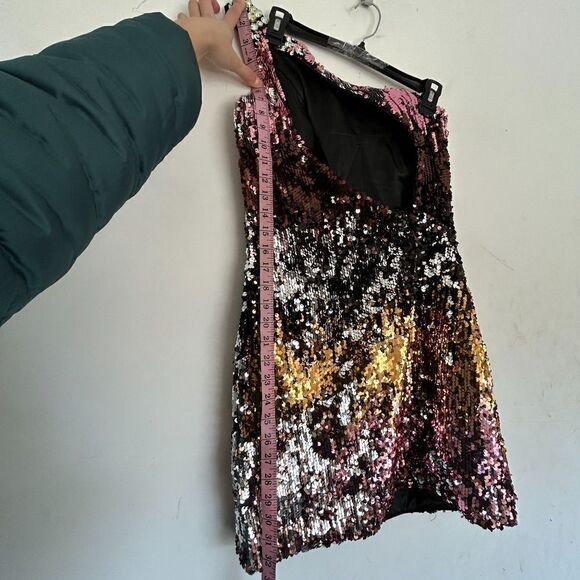 EMOTION Design Sequin One Shoulder Sparkle Gem Mini Cocktail Dress Size Medium - Picture 11 of 16